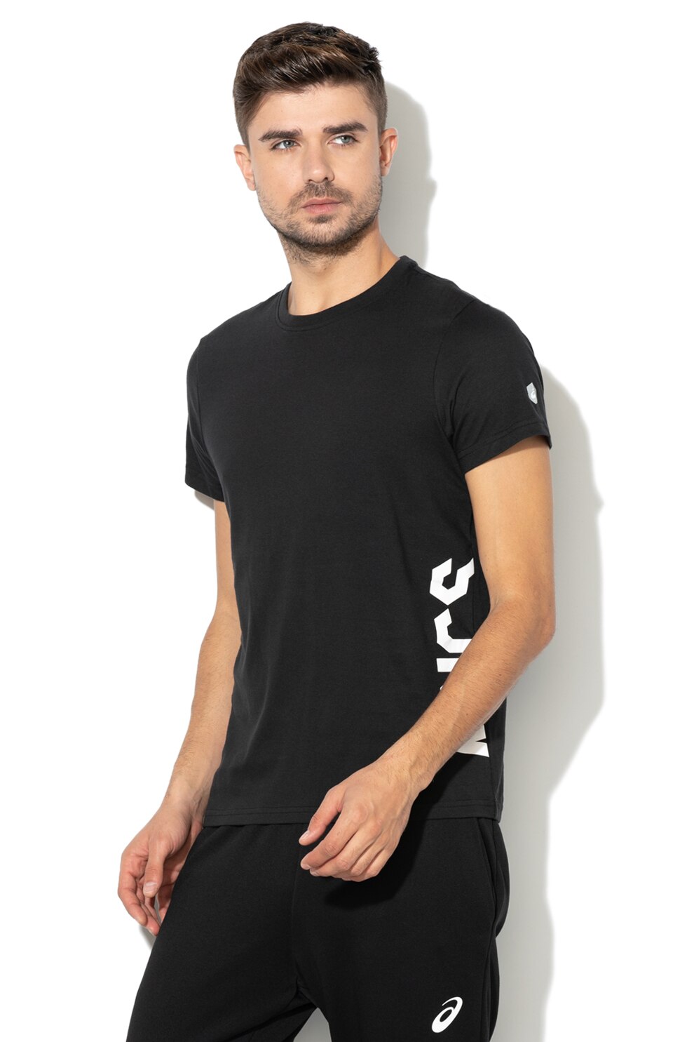 Asics, Tricou cu imprimeu text, pentru fitness, Negru