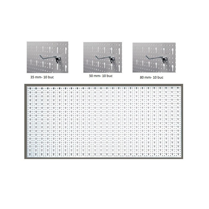 Panou perforat orizontal alb, 1000x500mm cu set 30 carlige: 35mm,50mm,80 mm AO1