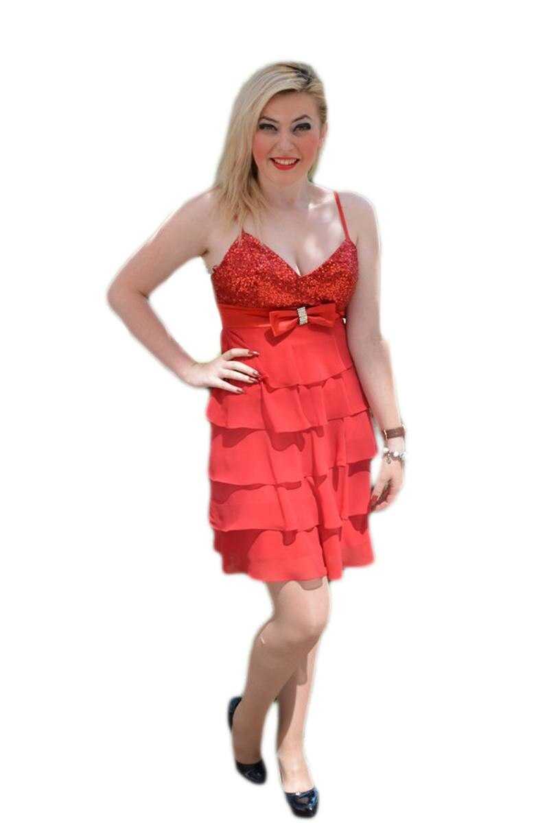 Rochie trendy de ocazie, Realizat din tul si saten, D&J Exclusive, Rosu