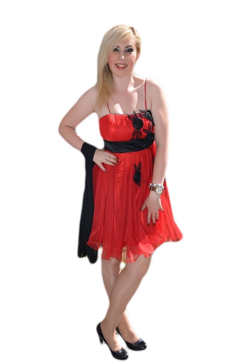 Rochie de seara scurta, usor evazata, insertie de flori negre,D&J Exclusive, Rosu