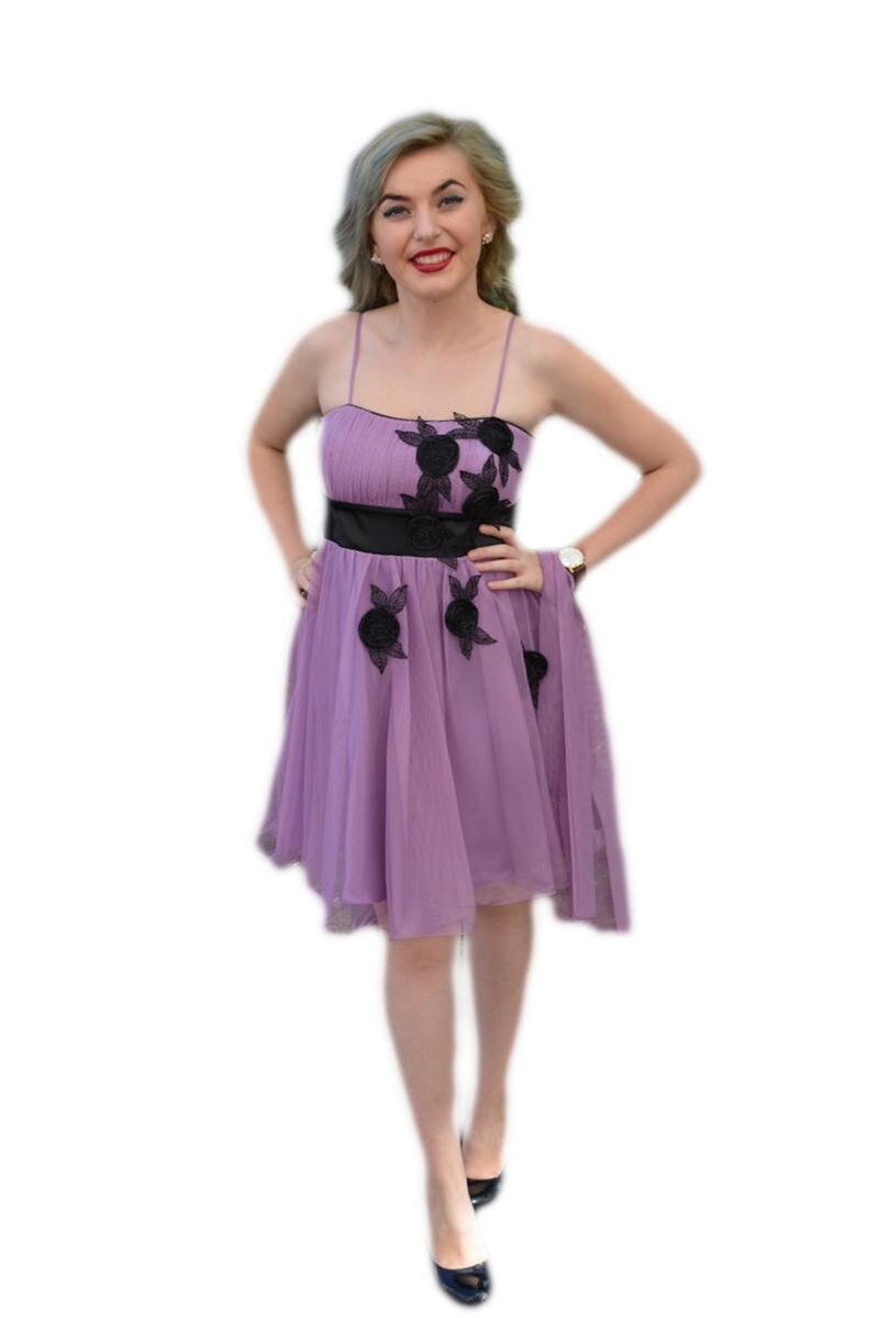 Rochie de seara scurta, usor evazata, insertie de flori negre,D&J Exclusive, Mov
