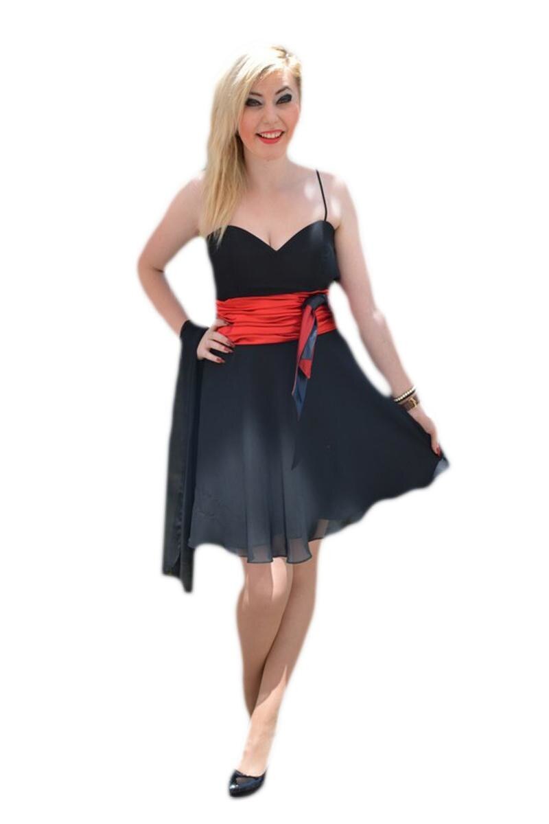 Rochie eleganta cu banda in talie, D&J Exclusive, Negru/Rosu