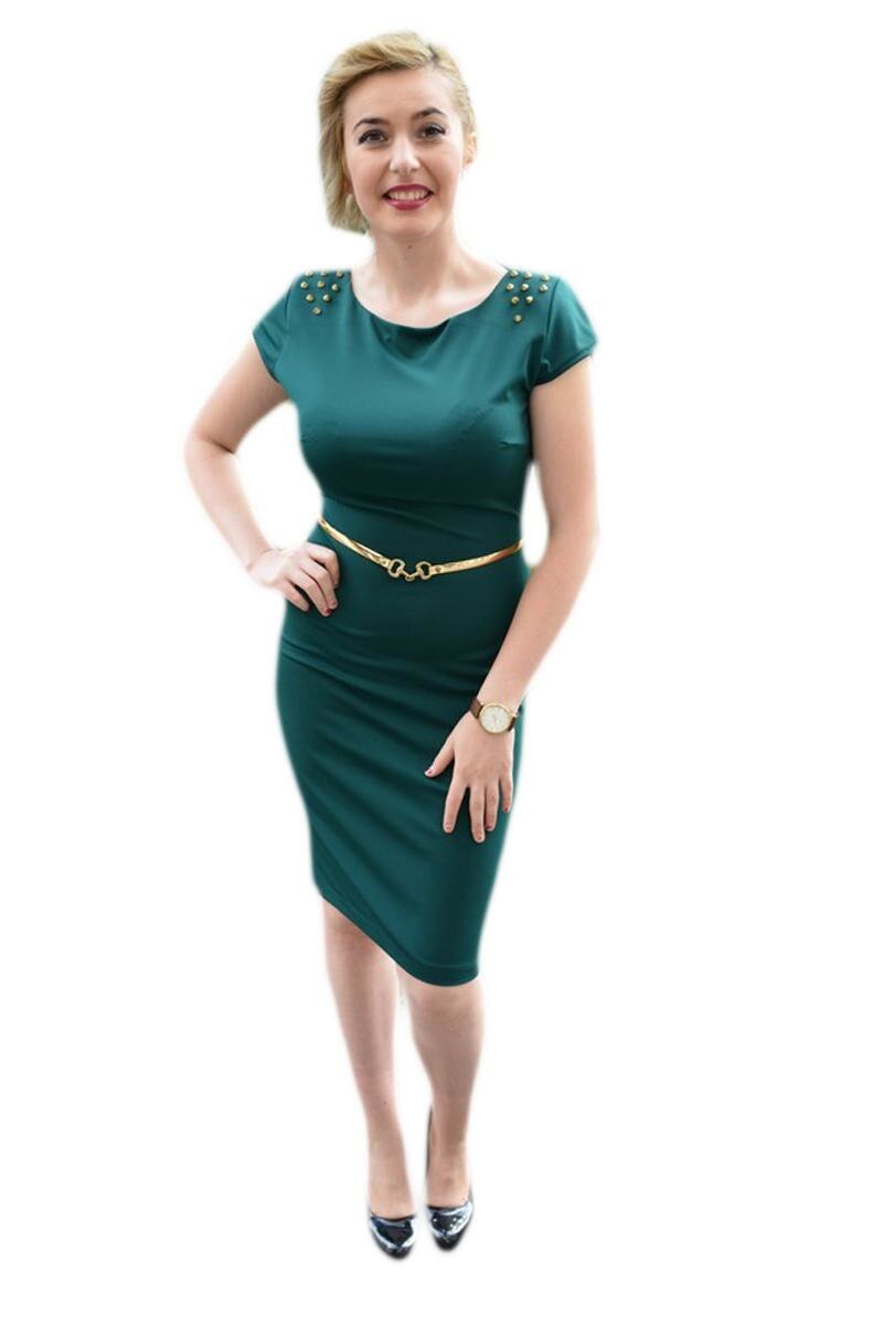Rochie casual, feminina, tip creion, cu inserti dantela si tinte auri,D&J Exclusive, Verde-Inchis, 40
