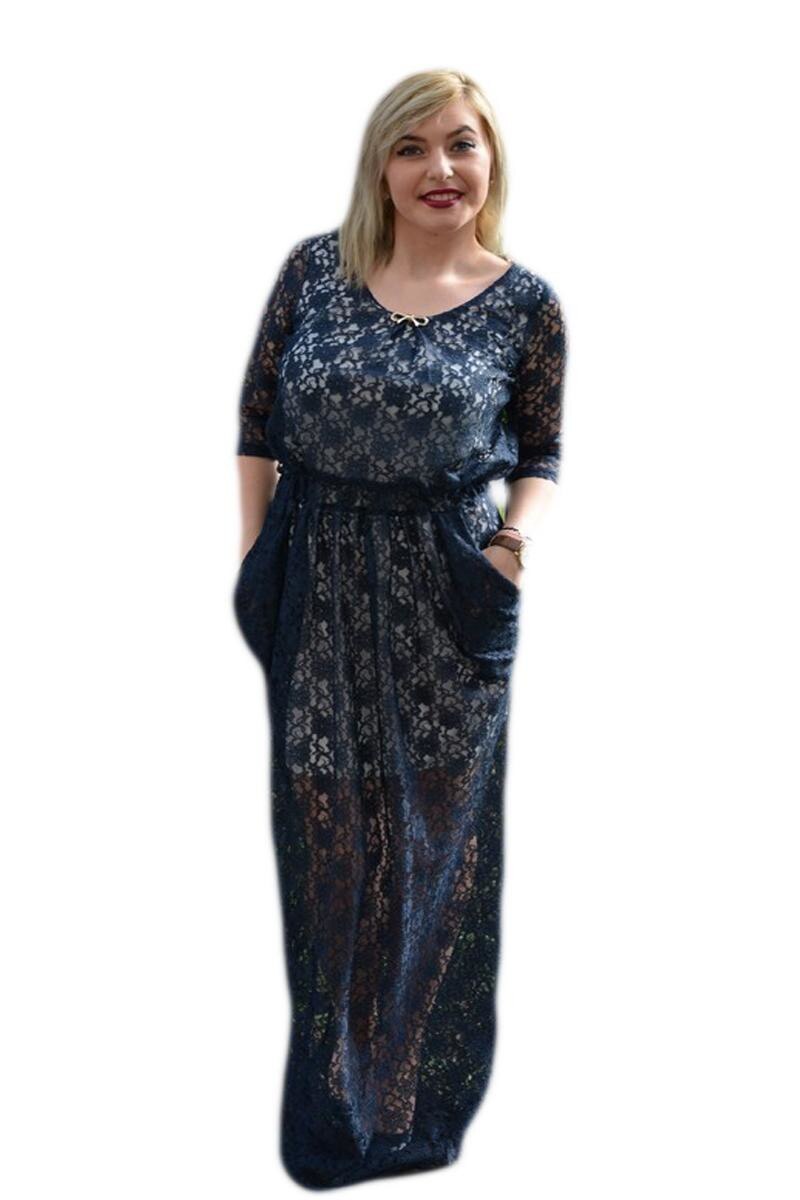 Rochie de ocazie lunga, cu captuseala scurta si dantela,D&J Exclusive, Bleumarin