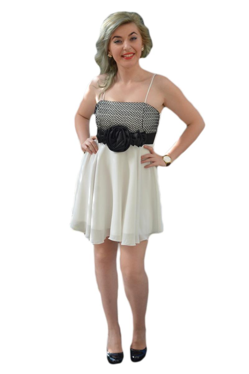 Rochie de seara cu broderie, brosa si esarfa neagra, D&J Exclusive, Alb/Negru