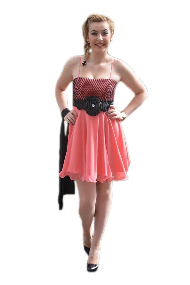 Rochie de seara cu broderie, brosa si esarfa neagra, D&J Exclusive, Corai