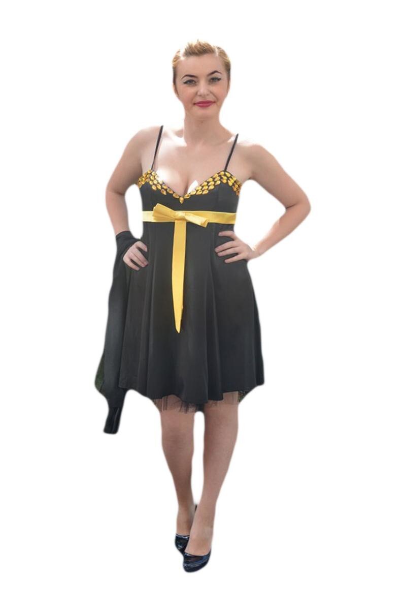 Rochie de gala frumoasa, din saten , D&J Exclusive, Negru/Galben