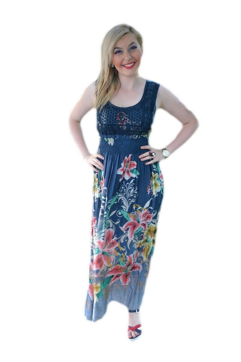 Rochie comoda din bumbac, dantela in fata,D&J Exclusive, Albastru marin