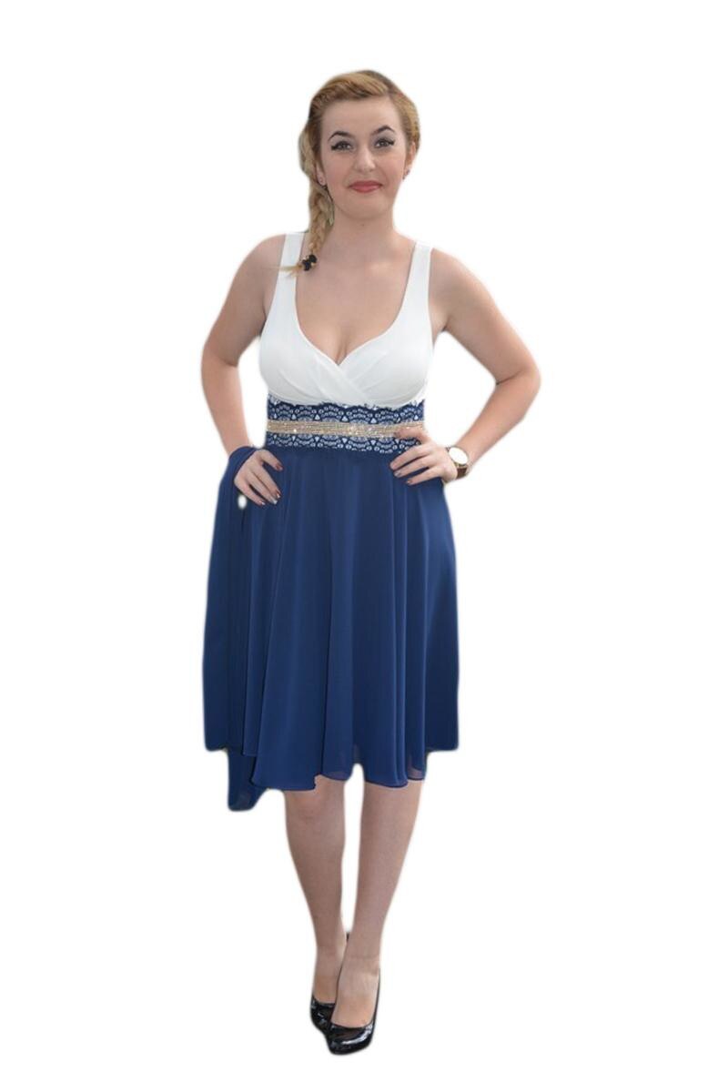 Rochie lunga, accesorizata cu o fundita si cristale,D&J Exclusive, Bleumarin/Alb