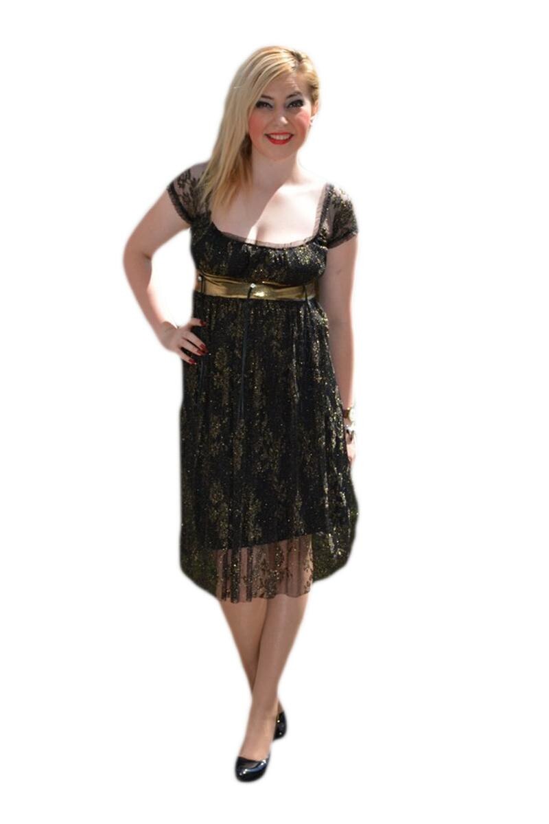 Rochie de gala, design elegant, combinatie de saten,D&J Exclusive, Negru/Auriu