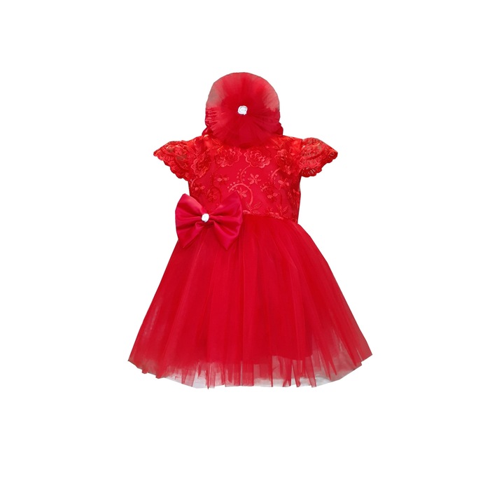Rochie botez rosie cu bentita si fundita detasabila / 6-9 luni