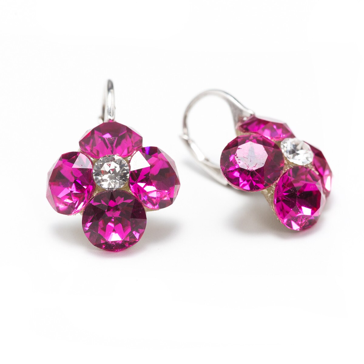 Cercei Argint DviCrystals cu cristale trifoi cu patru foi cu levreback mic fuchsia