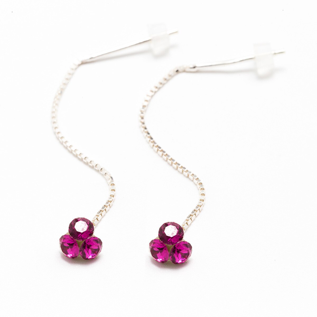 Cercei Argint DaviCrystals cu cristale trifoi mic cu tija lant fuchsia