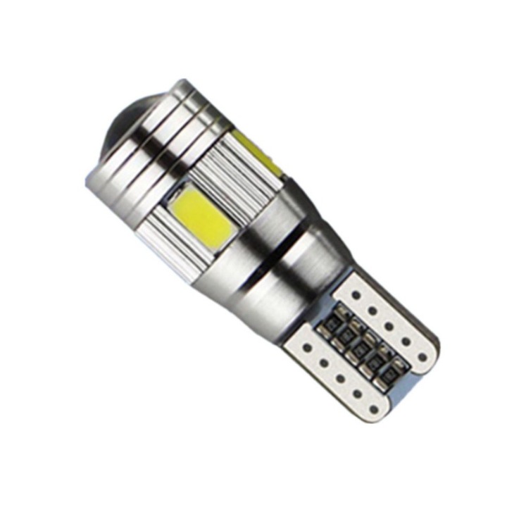 LED parkolófény izzó, motoLEDy, T10 W5W, 12V, 240lm, CANBUS funkcióval, Polaritásfüggetlen, Tiszta fehér, 5 darabos készlet, 5000K, 6 SMD 5630 LED, 360 fokos világítási szög, 50 000 óra élettartam