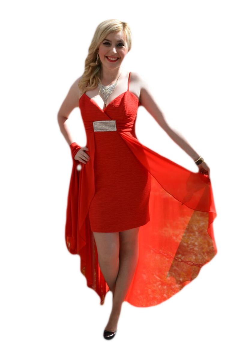 Rochie de seara lunga, model stratificat, decor din strasuri si trena,D&J Exclusive, Rosu