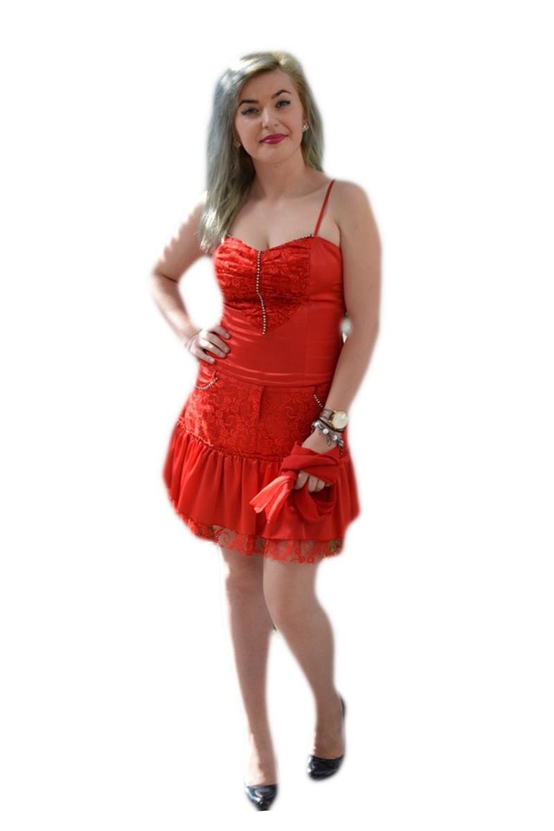 Rochie din doua piese, saten si dantela,D&J Exclusive, Rosu