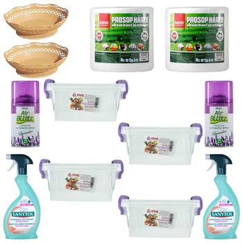 Pachet - 4 x Cutie cu capac pentru depozitare, 16L + 2 x Sanytol Universal, 500ml + 2 x Cos de paine, 30.5cm + 2 x Sano prosop hartie, 100M + 2 x Odorizant camera, Lavanda, 220ml Pachet - 4 x Cutie cu capac pentru depozitare, 16L + 2 x Sanytol Universal, 500ml + 2 x Cos de paine, 30.5cm + 2 x Sano prosop hartie, 100M + 2 x Odorizant camera, Lavanda, 220ml