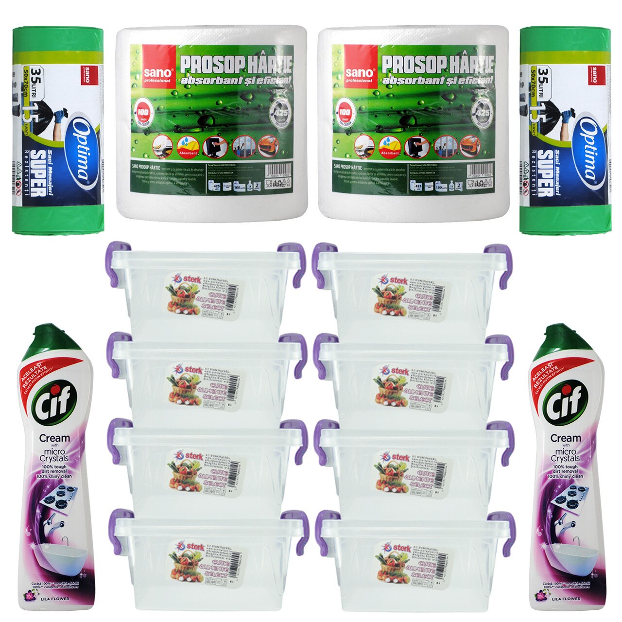 Pachet - 8 x Cutie cu capac pentru depozitare alimente, 8L + 2 x Cif crema, Lila Flower, 500ml + 2 x Prosop hartie Sano, 100M + 2 x Saci menajeri, 35L, 15buc/Rola