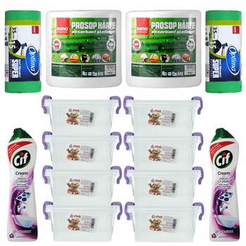 Pachet - 8 x Cutie cu capac pentru depozitare alimente, 8L + 2 x Cif crema, Lila Flower, 500ml + 2 x Prosop hartie Sano, 100M + 2 x Saci menajeri, 35L, 15buc/Rola Pachet - 8 x Cutie cu capac pentru depozitare alimente, 8L + 2 x Cif crema, Lila Flower, 500ml + 2 x Prosop hartie Sano, 100M + 2 x Saci menajeri, 35L, 15buc/Rola