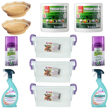 Pachet - 3 x Cutie depozitare alimente, Plastic alimentar, 25L + 2 x Sanytol Universal, 500ml + 2 x Cos de paine, 30.5cm + 2 x Sano prosop bucatarie, 100M + 2 x Odorizant camera, Mega Air Bllitz, Lavanda, 220ml Pachet - 3 x Cutie depozitare alimente, Plastic alimentar, 25L + 2 x Sanytol Universal, 500ml + 2 x Cos de paine, 30.5cm + 2 x Sano prosop bucatarie, 100M + 2 x Odorizant camera, Mega Air Bllitz, Lavanda, 220ml