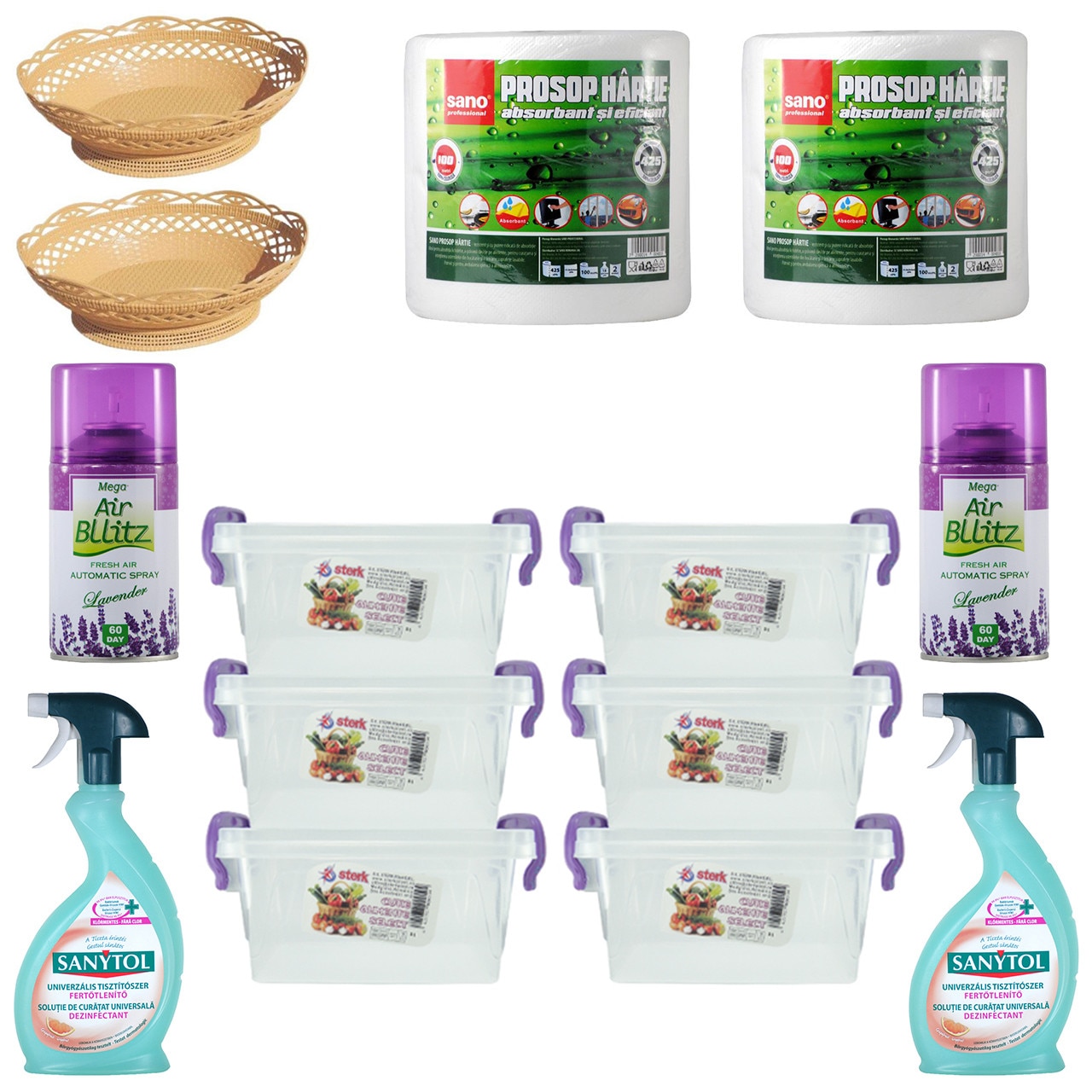 Pachet - 6 x Cutie depozitare alimente cu capac, Plastic alimentar, 3L + 2 x Sanytol Universal, 500ml + 2 x Cos de paine, 30.5cm + 2 x Sano prosop bucatarie, 100M + 2 x Odorizant camera, Mega Air Bllitz, Lavanda, 260ml