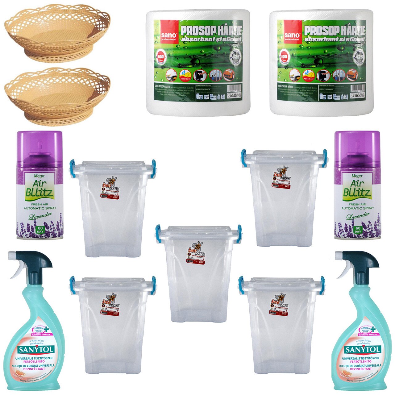 Pachet - 5 x Cutie cu capac pentru depozitare alimente, 10L + 2 x Sanytol Universal, 500ml + 2 x Cos de paine, 30.5cm + 2 x Sano prosop Hartie, 100M + 2 x Odorizant camera, Lavanda, 220ml