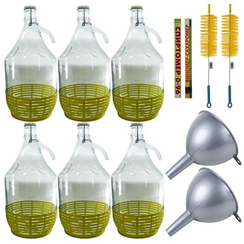 Pachet - 6 x Damigeana 5L din sticla, In cos din plastic, Dop cu sarma, Inchidere ermetica + 2 x Perie sticla si borcan, 44cm + 2 x Palnie rotunda, Nr.2 + Vinometru rusesc 0-20° pentru vin, Mustimetru + Alcoolmetru rusesc 0-96°, Spirtometru palinca, vodca Pachet - 6 x Damigeana 5L din sticla, In cos din plastic, Dop cu sarma, Inchidere ermetica + 2 x Perie sticla si borcan, 44cm + 2 x Palnie rotunda, Nr.2 + Vinometru rusesc 0-20° pentru vin, Mustimetru + Alcoolmetru rusesc 0-96°, Spirtometru palinca, vodca