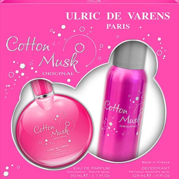 Set Ulric de Varens Cotton Musk Original, Femei: Apa de Parfum, 50 ml + Deodorant antiperspirant, 125 ml Set Ulric de Varens Cotton Musk Original, Femei: Apa de Parfum, 50 ml + Deodorant antiperspirant, 125 ml