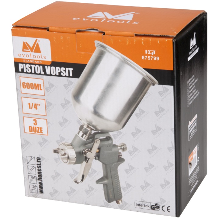 Pistol de vopsit cu aer comprimat Evotools, 3 duze, 600ml, max 3.5 bar, racord aer 1/4"