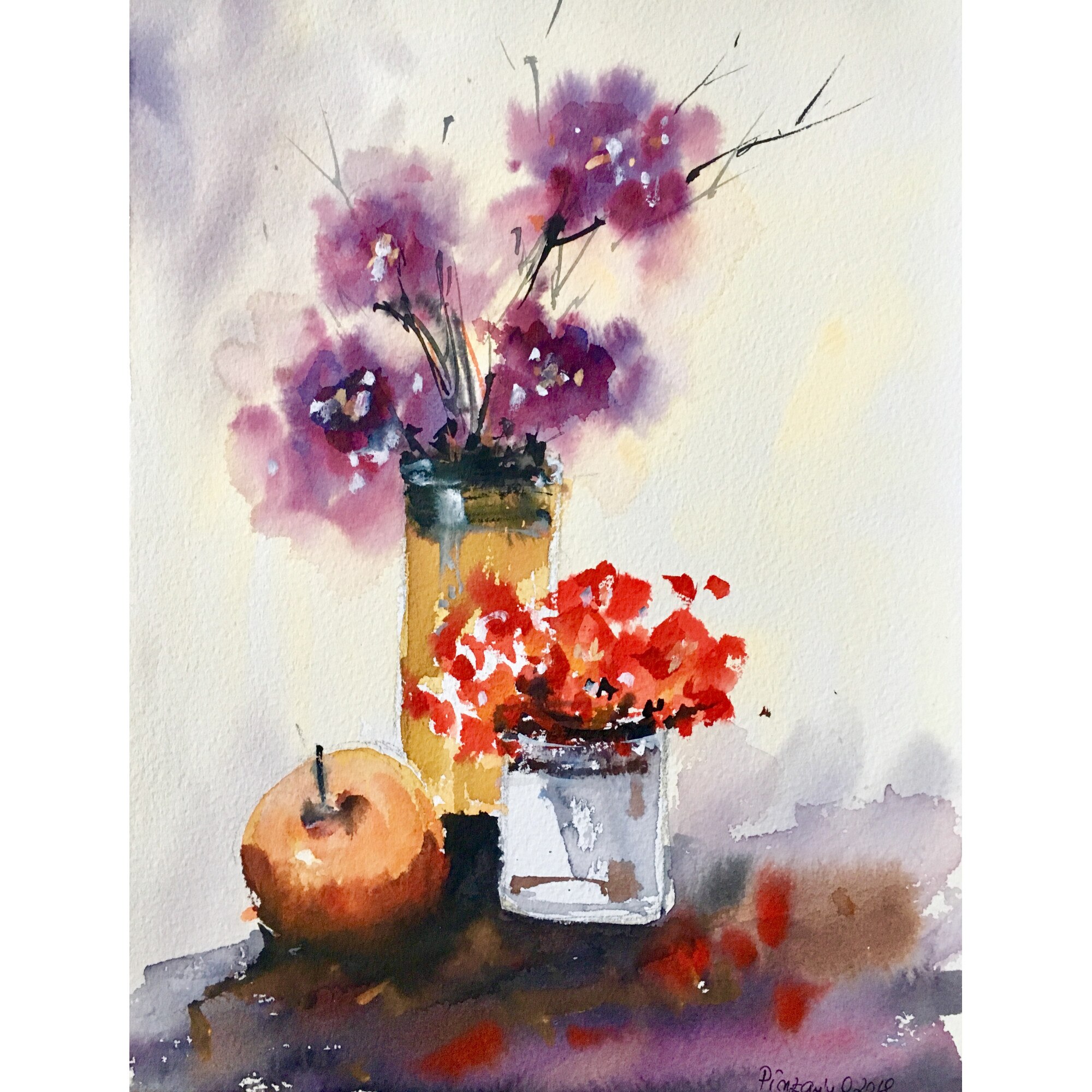 Tablou acuarela Natura statica cu flori - tablou pictat manual Oana Pinzariu, dimensiune 23 * 30 cm