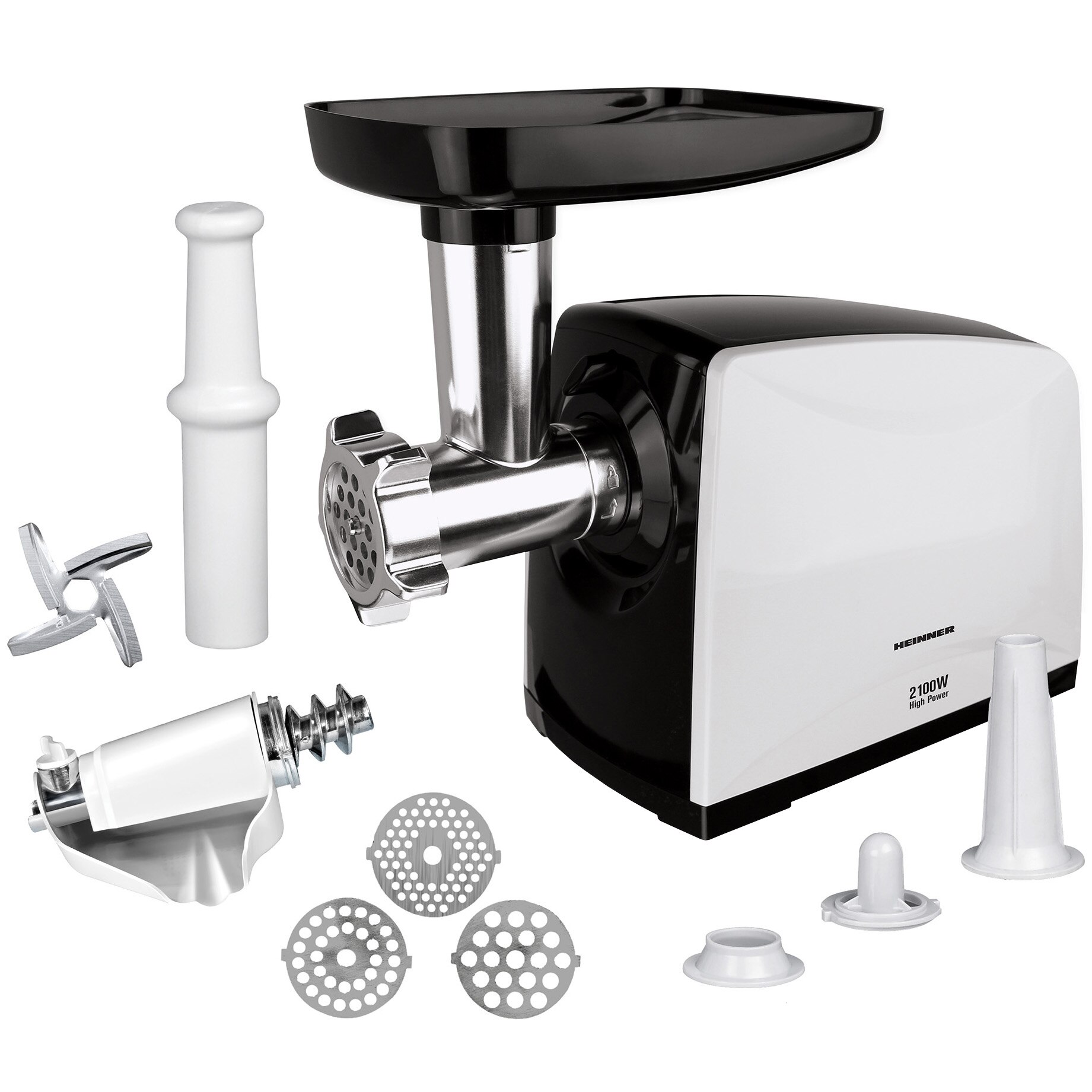 Masina de tocat carne Heinner MG-2100BKWH, 2100 W, accesoriu rosii, Cutit Inox, Negru/Alb