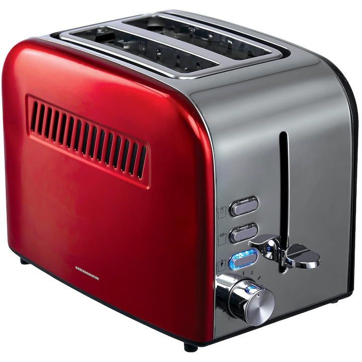 Heinner HTP-850RDIX kenyérpirító, 850 W, 7 barnítási fokozat, 3 funkció, piros / rozsdamentes acél