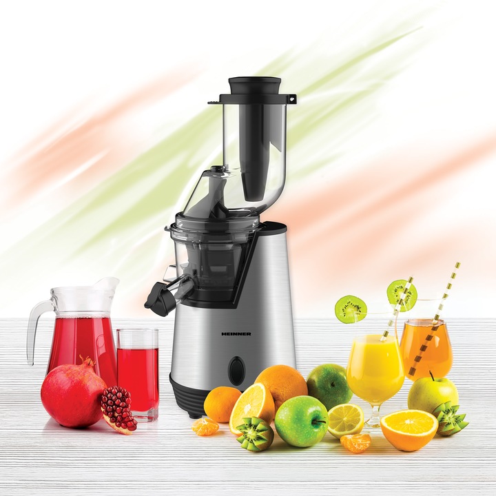 Storcator de fructe cu melc Heinner HSJ-200X, 200 W, 75 Rpm, Tub larg 80 mm, Recipiente fara BPA, Functie reverse, Inox
