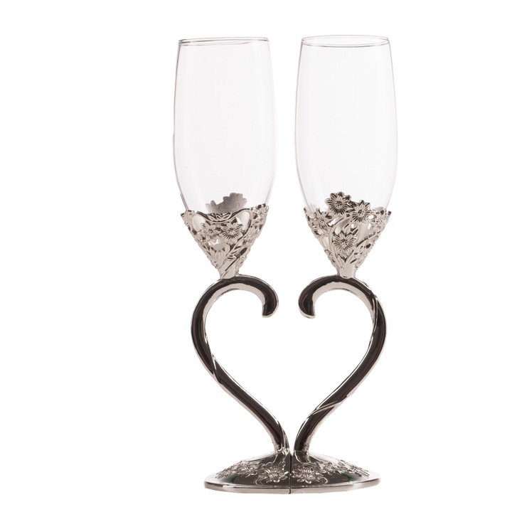Set 2 pahare sampanie miri/nasi cu aplicatii florale, picior in forma de inima