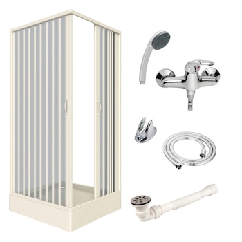 Pachet cabina Luna 90 cu cadita si baterie dus, 90x90 cm Pachet cabina Luna 90 cu cadita si baterie dus, 90x90 cm