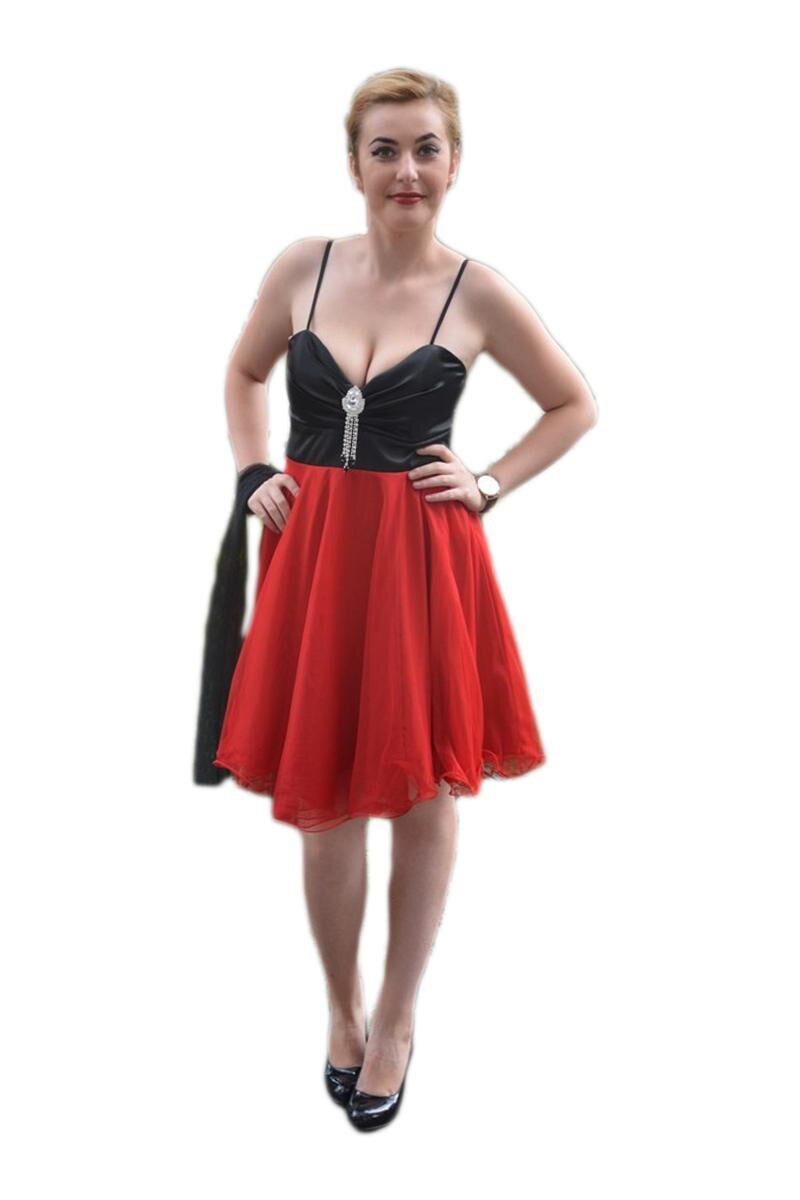 Rochie eleganta cu bust satinat ,fusta evazata din tul, D&J Exclusive, Rosu/Negru