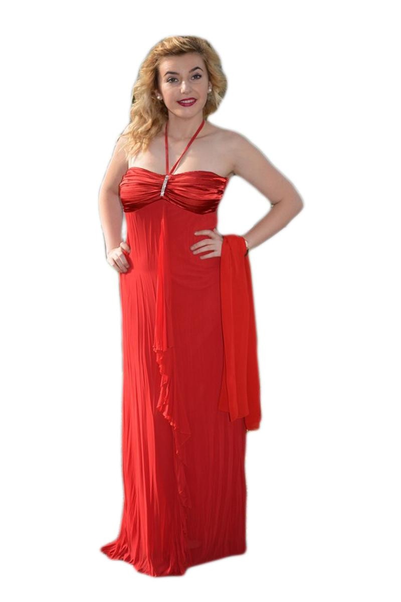 Rochie de seara,decor de paiete si fronseuri in talie,D&J Exclusive, Rosu aprins