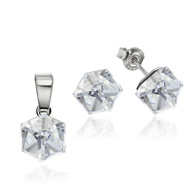 e-Crystal - 925 ezüst ródiumozott stud ékszer szett® Cube 6mm CAL kristályal