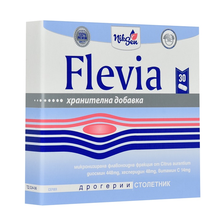 Флевия (повишават тонуса на венозната стена и намаляват пропускливостта на капилярите, при болки и тежест в краката, при разширени вени, периферни отоци и хемороиди) НИКСЕН, 30 таблетки