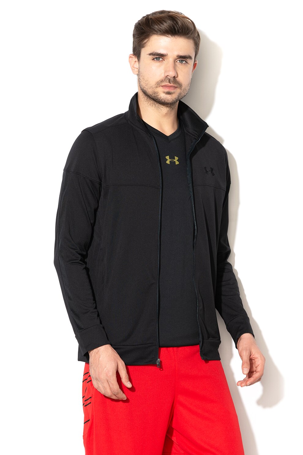 Under Armour, Bluza sport cu fermoar, pentru fitness, Negru