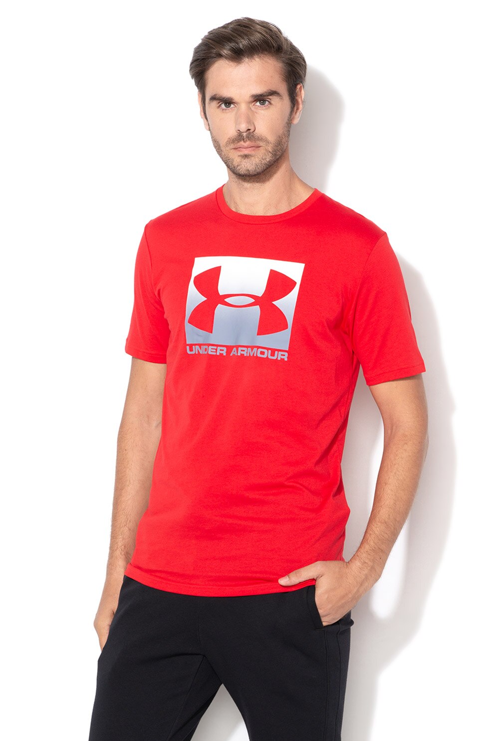 Under Armour, Tricou cu imprimeu logo pentru fitness Boxed, Rosu, S