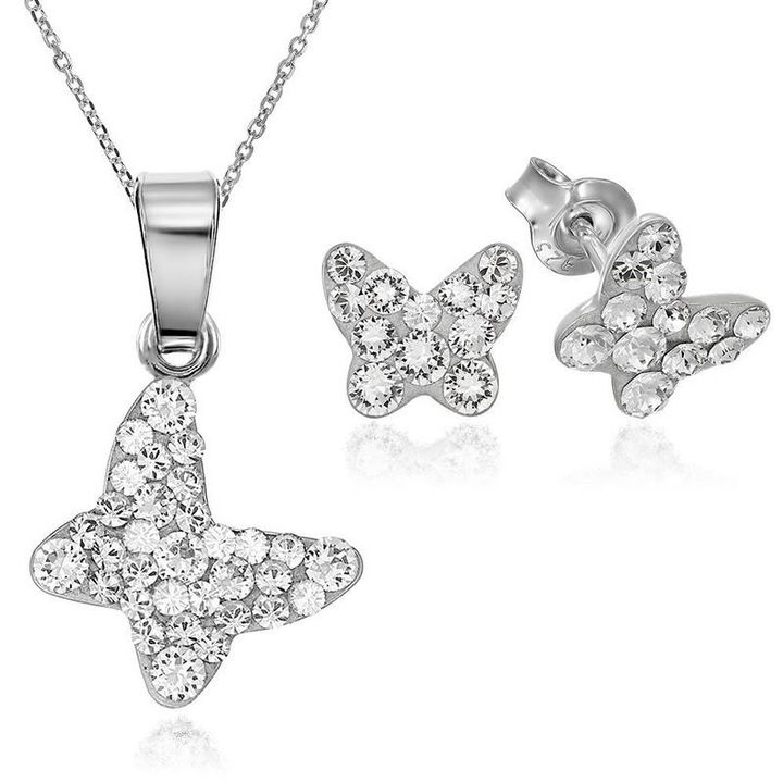 e-Crystal - 925 ezüst ródiumozott stud ékszer szett® Chaton Butterfly 12 - 8mm Crystal Clear kristályal