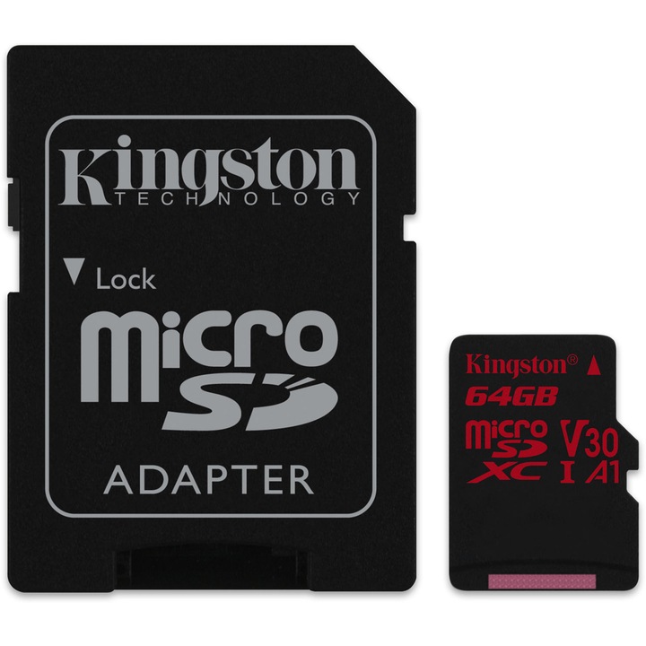 Карта памет Kingston MicroSDXC Canvas React, 64GB, Class 10, 100R, UHS-I U3, V30 + Адаптер