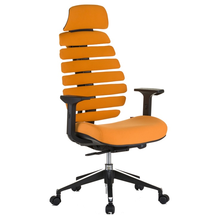 QMOBILI ERGO LINE HI Narancssárga ergonomikus szék, szövet, fejtámla, csúszó ülés, önállóan állítható deréktámasz, állítható 3D karfa, alumínium csillagláb, gumírozott görgők