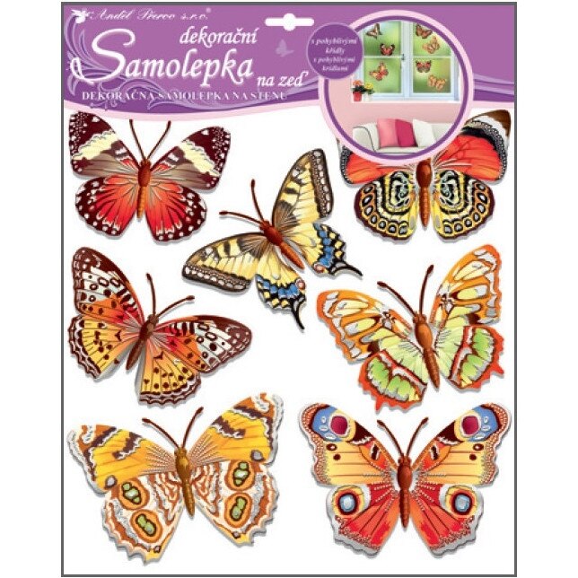 Sticker perete 3D - fluturi colorati cu sclipici, 30.5 x 30.5 cm, W4437