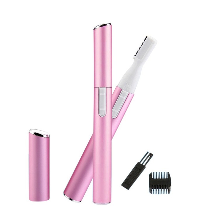 Trimmer OMNIA S-Beauty, portabil, design modern, roz, utilizare fara fir, perie de curatare, ideal pentru fata, sprancene, decolteu, axile, bikini