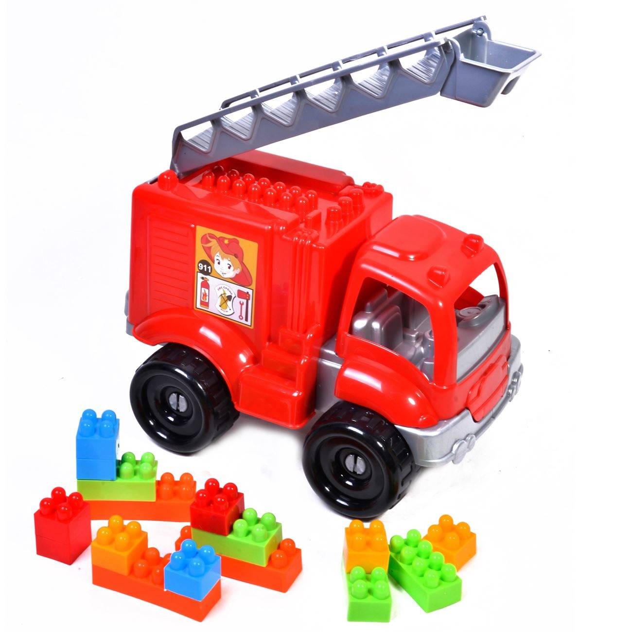Set de joaca Soda Toys, Masinuta de pompieri cu 45 de cuburi colorate pentru constructie