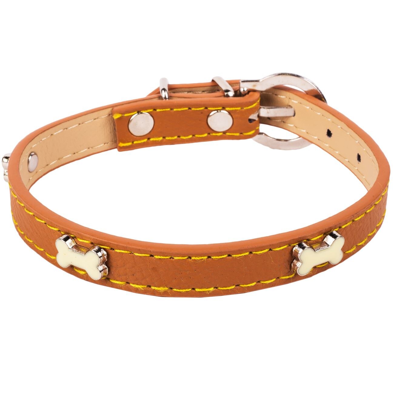 Zgarda pentru caini Soda Pets, ajustabila, design modern si atractiv, accesorizat cu tinte in forma de os, maro, 45x2 cm