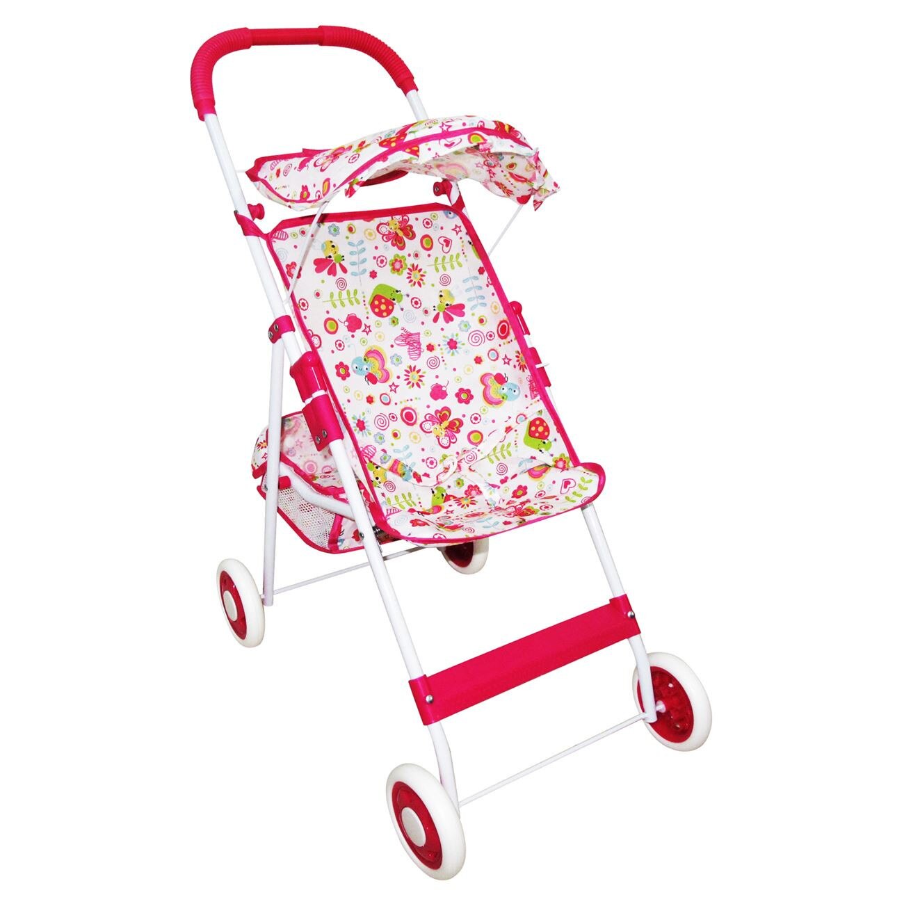 Carucior Zola® de jucarie pentru papusi, pliabil, cu cosulet pentru depozitare, alb-roz