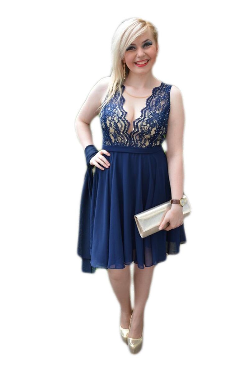 Rochie rafinata cu dantela fina, decolteu in V, fusta din voal,D&J Exclusive, Bleumarin